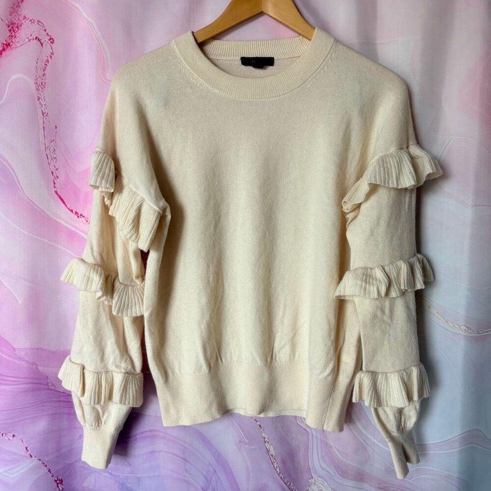 J. Crew S Cream Wool Blend Sweater Ruffle Sleeves Preppy Colonial Artsy Coastal